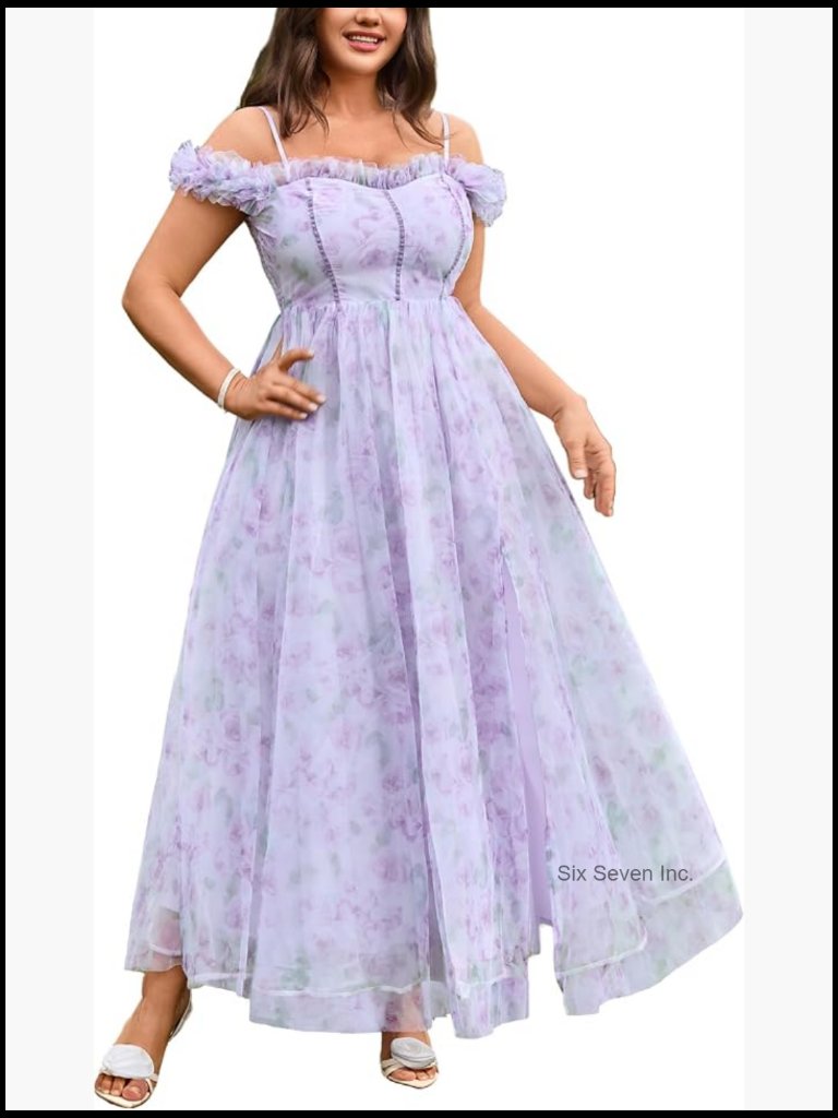 Floral Off Shoulder Dress With High Slit - Formal Wedding Guest & Cocktail Gown
